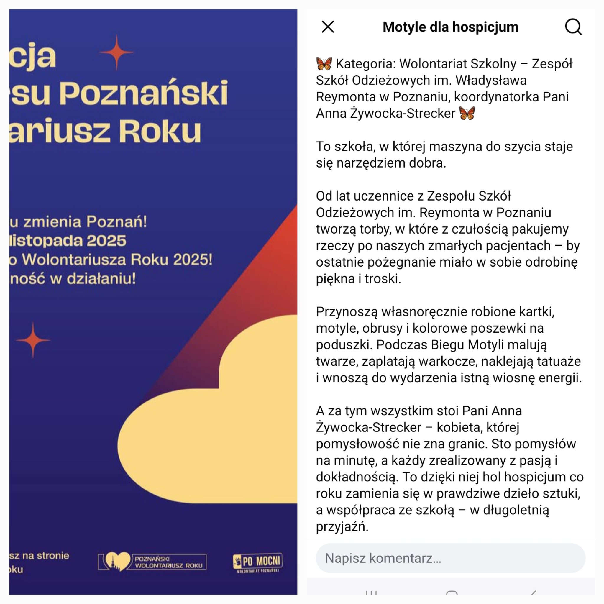 Nominacja ZSO przez Hospicjum Palium w Poznaniu na Poznańskiego Wolontariusza Roku!