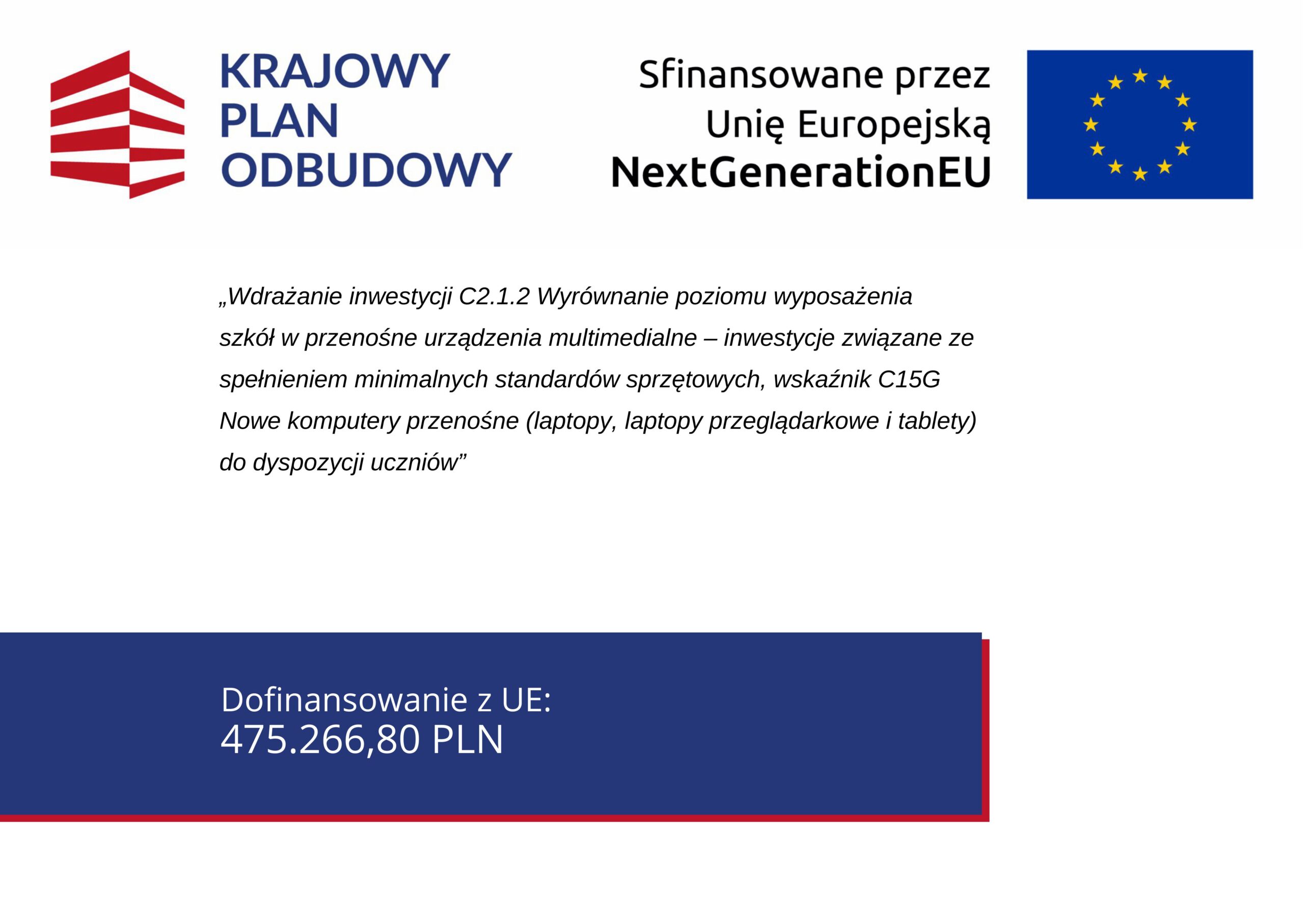 „Wdrażanie inwestycji C2.1.2 Wyrównanie poziomu wyposażenia szkół w przenośne urządzenia multimedialne – inwestycje związane ze spełnieniem minimalnych standardów sprzętowych, wskaźnik C15G Nowe komputery przenośne (laptopy, laptopy przeglądarkowe i tablety) do dyspozycji uczniów”.